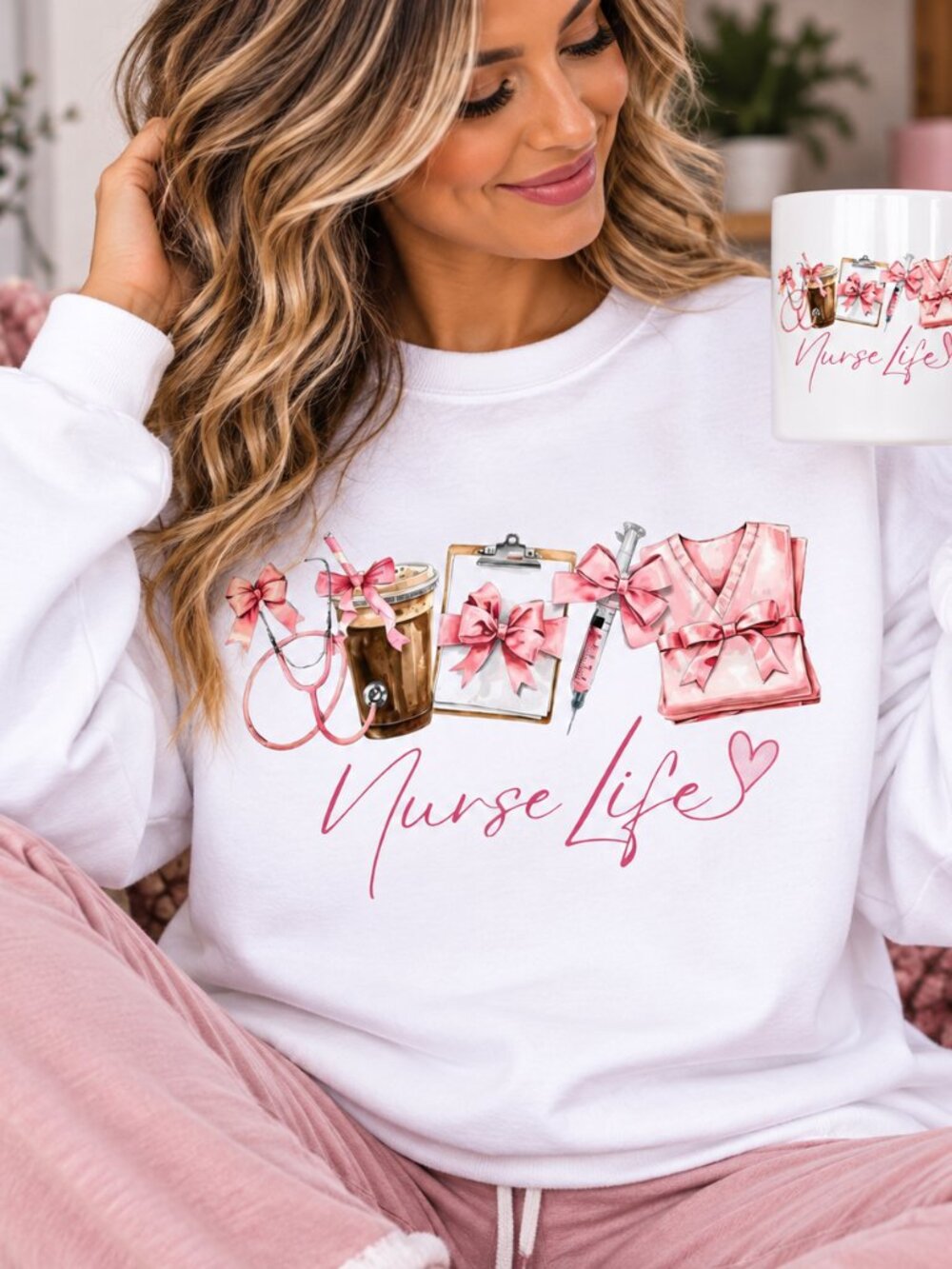 Nurse Life Sweatshirt & Mug Set RN Nurse Gift Medical Healthcare Pink